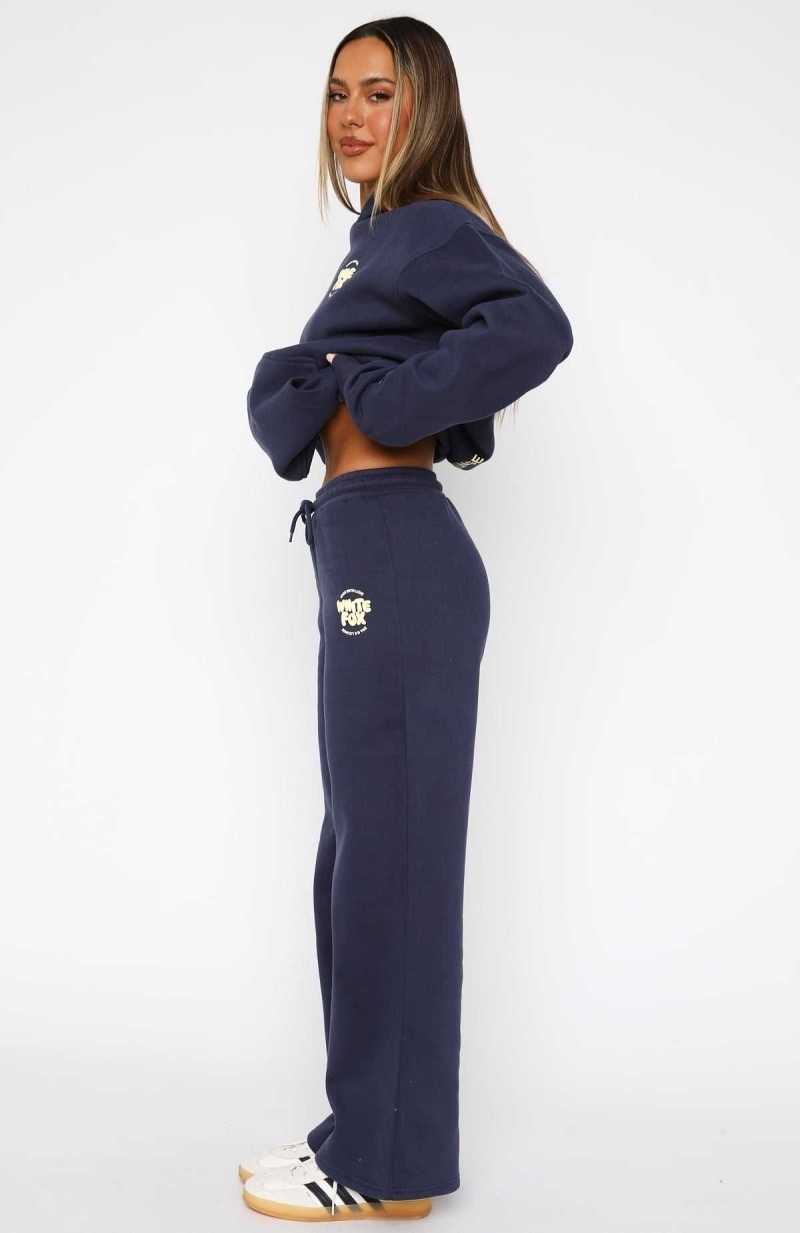 White Fox With Love For You Wide Leg Sweatpants Navy | KJQUOA-846