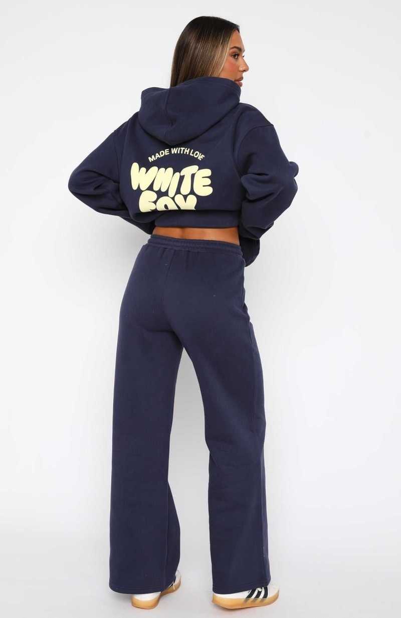 White Fox With Love For You Wide Leg Sweatpants Navy | KJQUOA-846