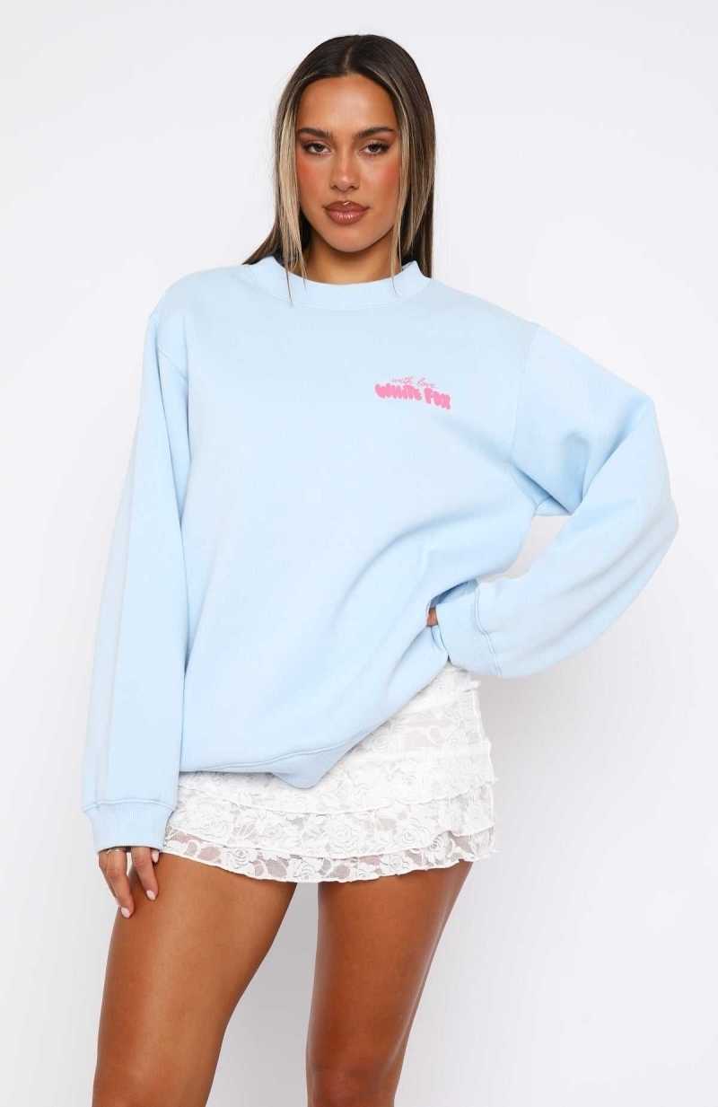 White Fox With Love & Romance Oversized Sweater Baby Blue | PVQLER-693