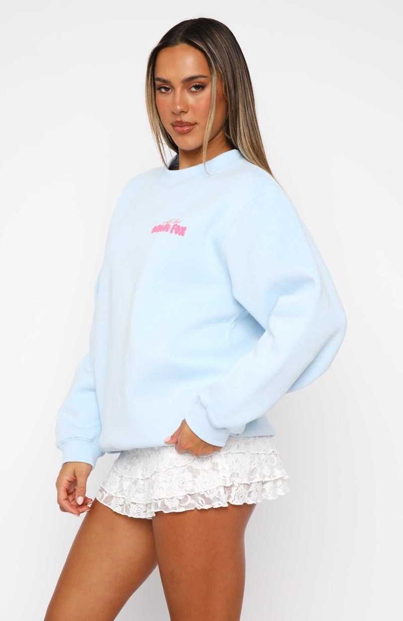 White Fox With Love & Romance Oversized Sweater Baby Blue | PVQLER-693