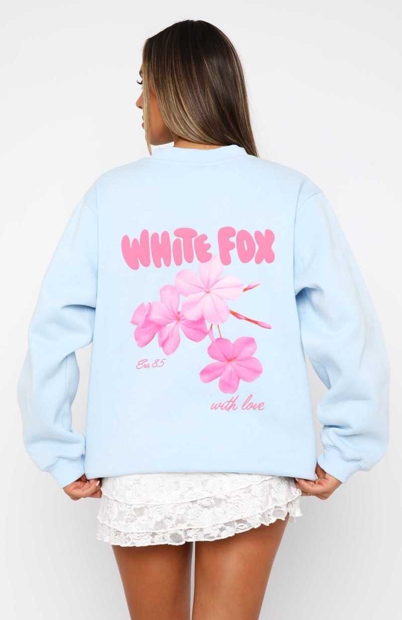 White Fox With Love & Romance Oversized Sweater Baby Blue | PVQLER-693