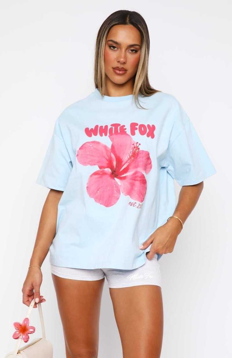 White Fox With Love & Romance Oversized Tee Baby Blue | XOZTNW-207