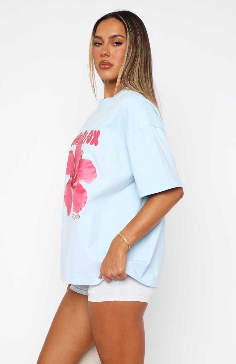 White Fox With Love & Romance Oversized Tee Baby Blue | XOZTNW-207