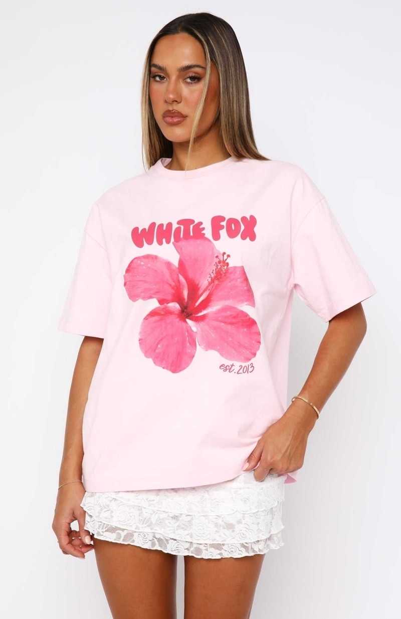 White Fox With Love & Romance Oversized Tee Baby Pink | QLSHUE-680
