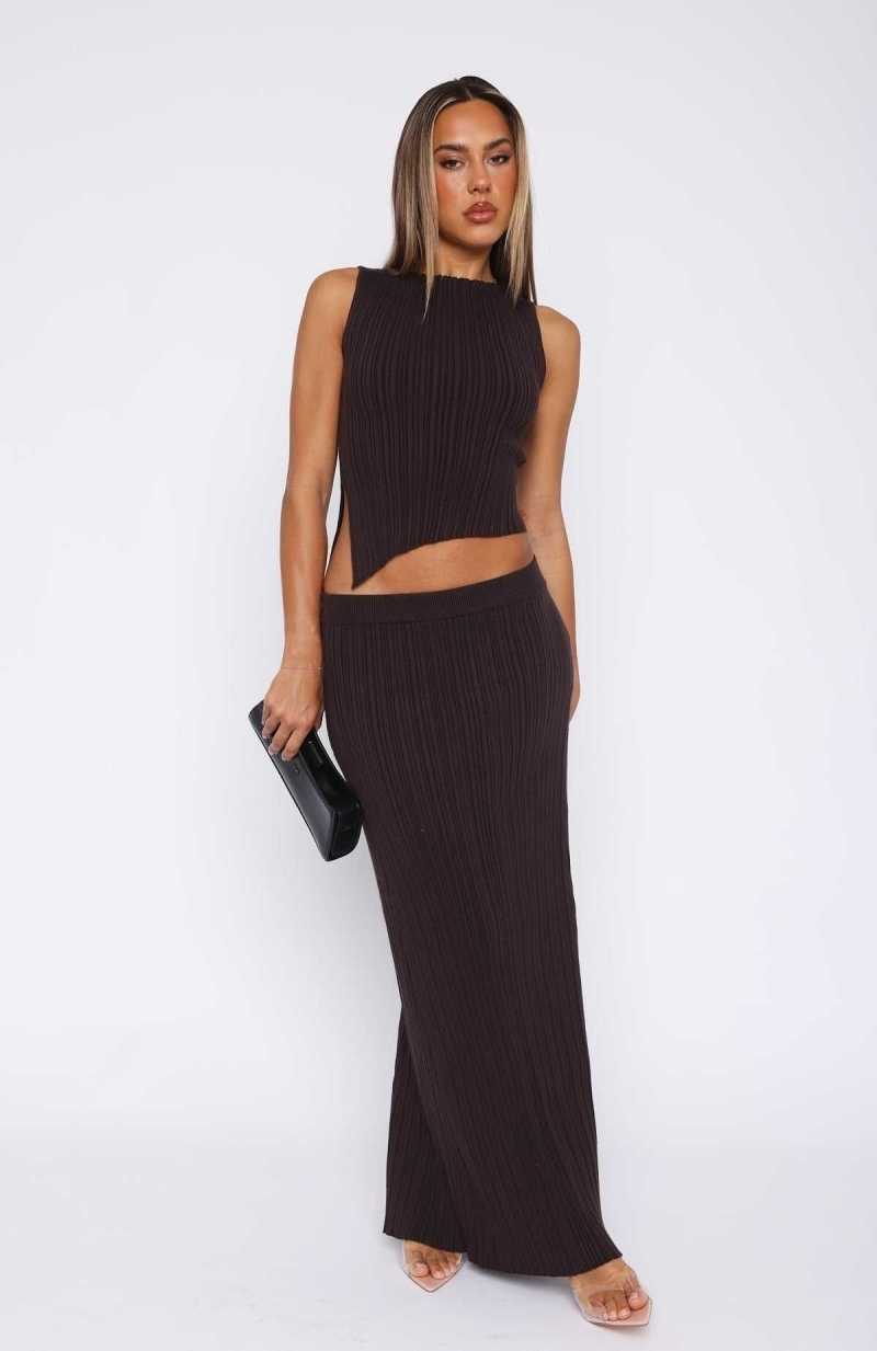 White Fox You Stay On My Mind Knit Maxi Skirt Chocolate | WJLONH-013