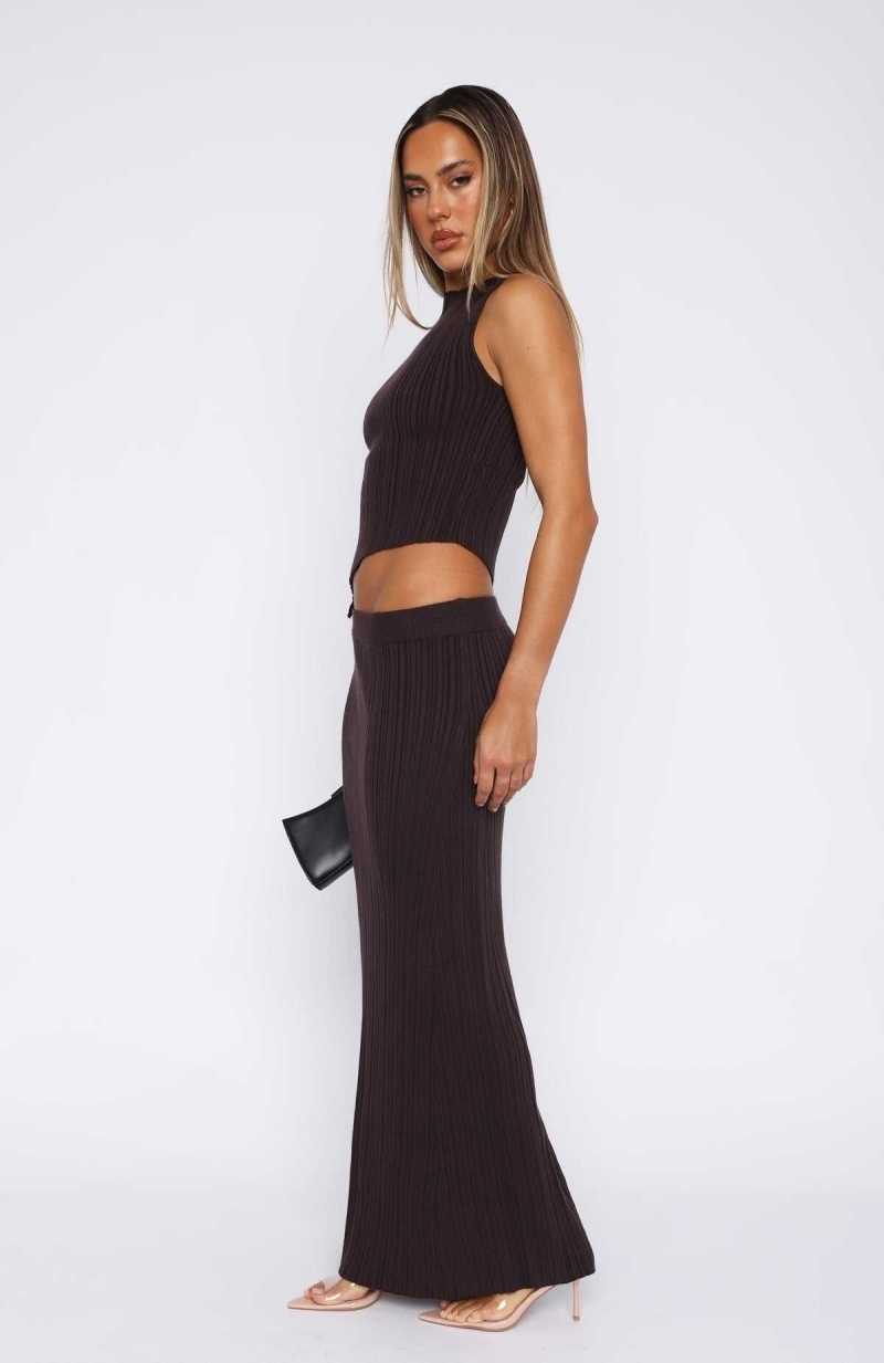 White Fox You Stay On My Mind Knit Maxi Skirt Chocolate | WJLONH-013