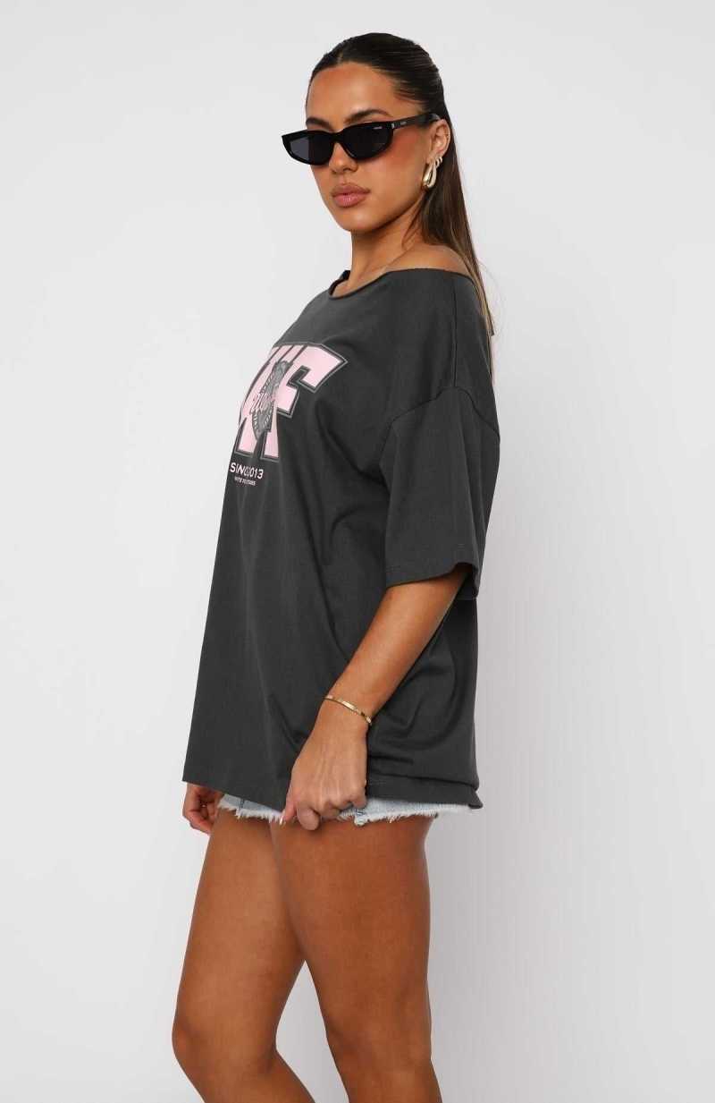 White Fox Your Favourite View Off Shoulder Oversized Tee Charcoal | DJANLG-498