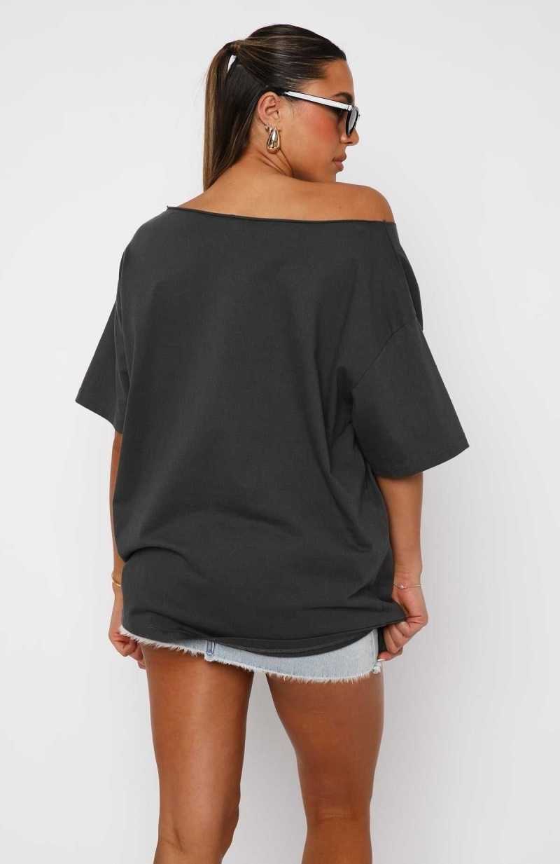 White Fox Your Favourite View Off Shoulder Oversized Tee Charcoal | DJANLG-498